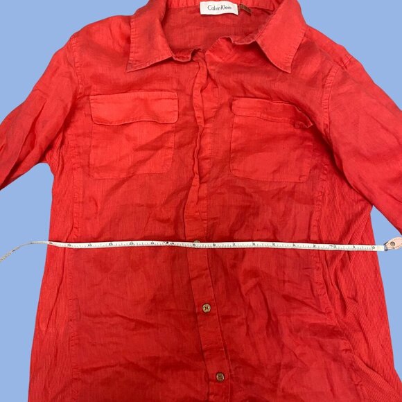 Calvin Klein Linen Button-Up Shirt Women’s Medium –Classic Roll Sleeve Blouse - Picture 4 of 6